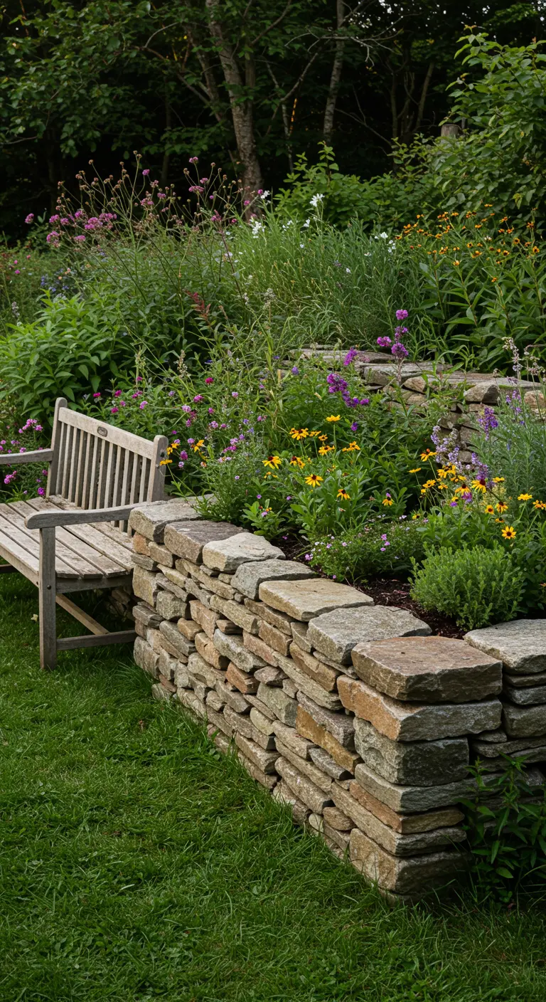 Natuurstenen muurtje als verhoogde border met bloemen en een houten bankje.