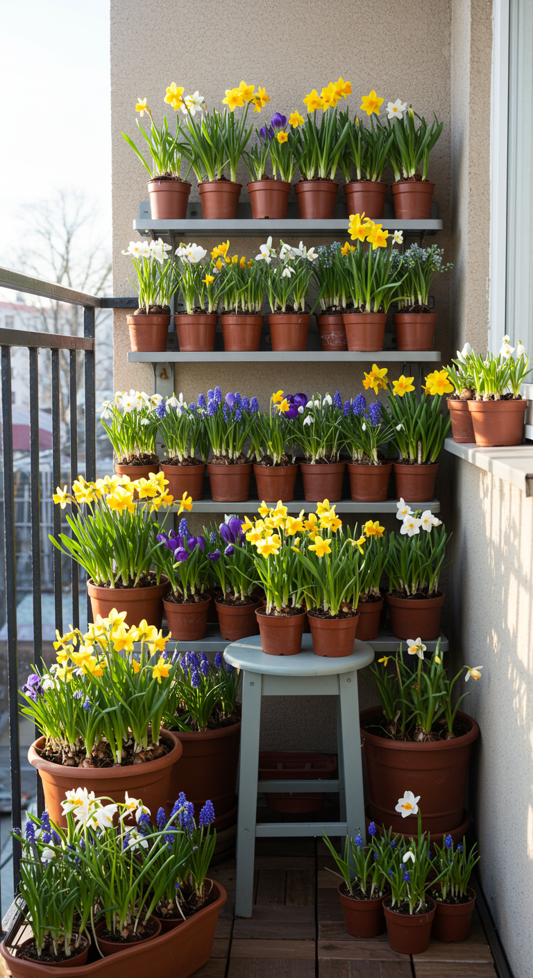 Balkon vol met potten narcissen en andere voorjaarsbloeiers, gestapeld op planken en een krukje.