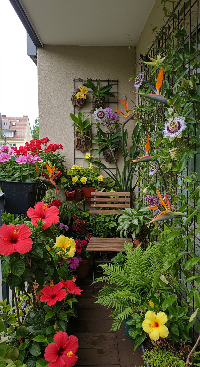 Balkon vol met kleurrijke exotische bloemen zoals hibiscus, Strelitzia en passiebloem.