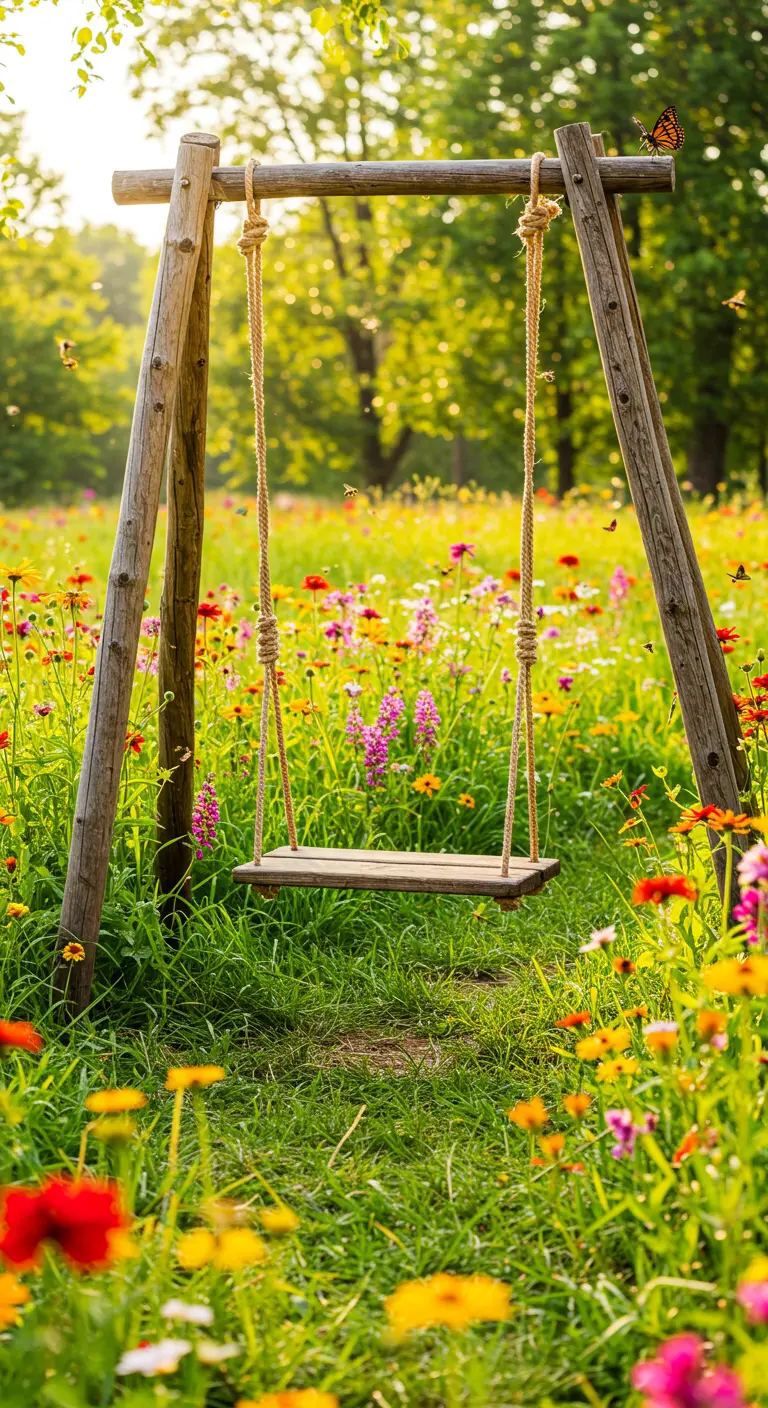Houten schommel in een veld vol kleurrijke wilde bloemen, met zonlicht.
