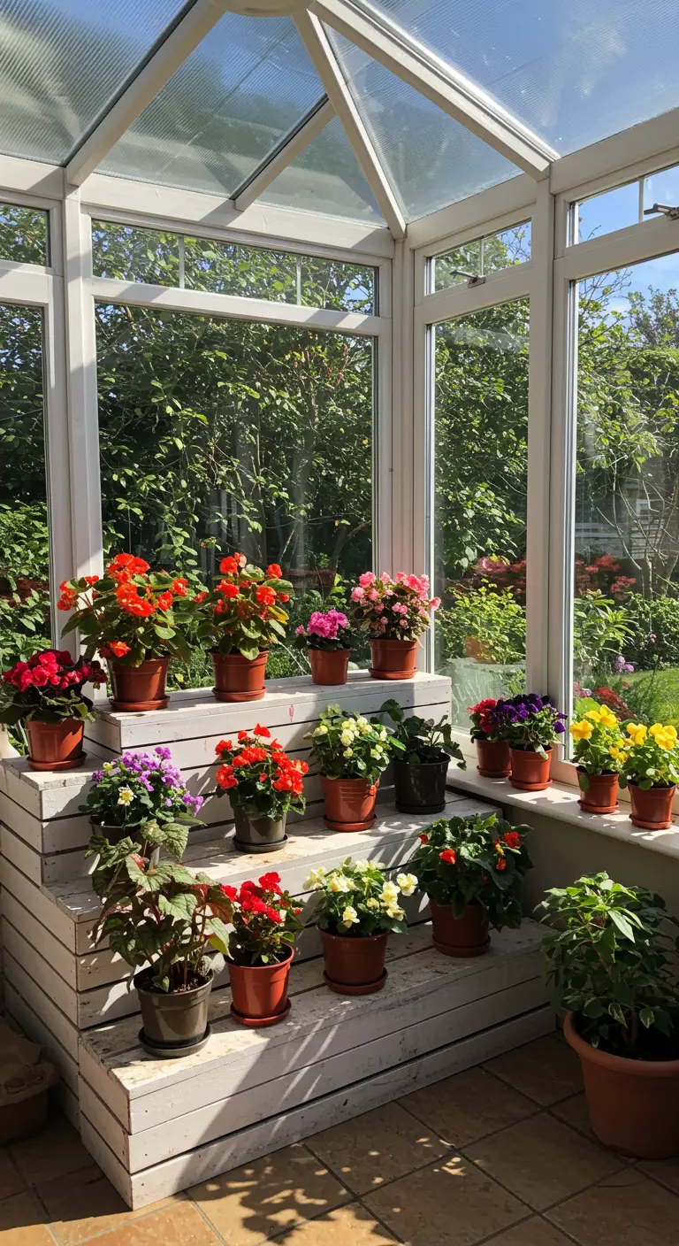 Witgeschilderde houten plantentrap in serre, vol met kleurrijke bloeiende begonia's.