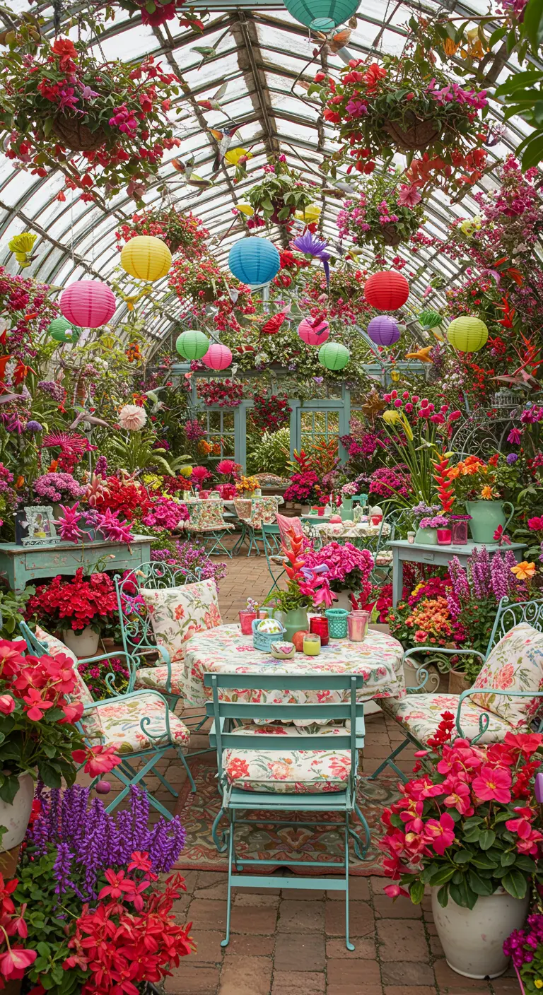 Kas gevuld met een overweldigende hoeveelheid kleurrijke bloemen, lampionnen en zithoekjes.