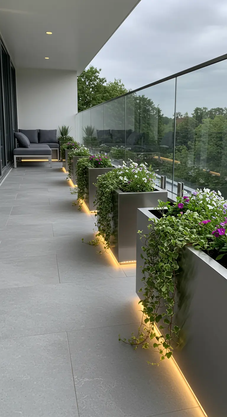 Modern balkon met glazen balustrade, RVS plantenbakken met bloemen en LED-verlichting eronder.