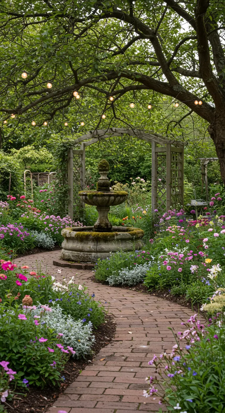 Romantische cottagetuin met oude fontein, bakstenen pad en bloeiende planten.