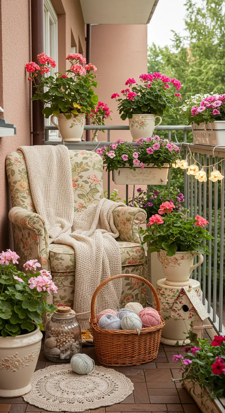 Gezellig balkon met bloemenfauteuil, gehaakt kleedje, vogelhuisje en veel bloeiende planten.