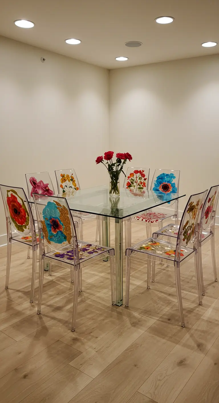 Eetkamer met doorzichtige stoelen met gedroogde bloemen, glazen tafel en witte muren.