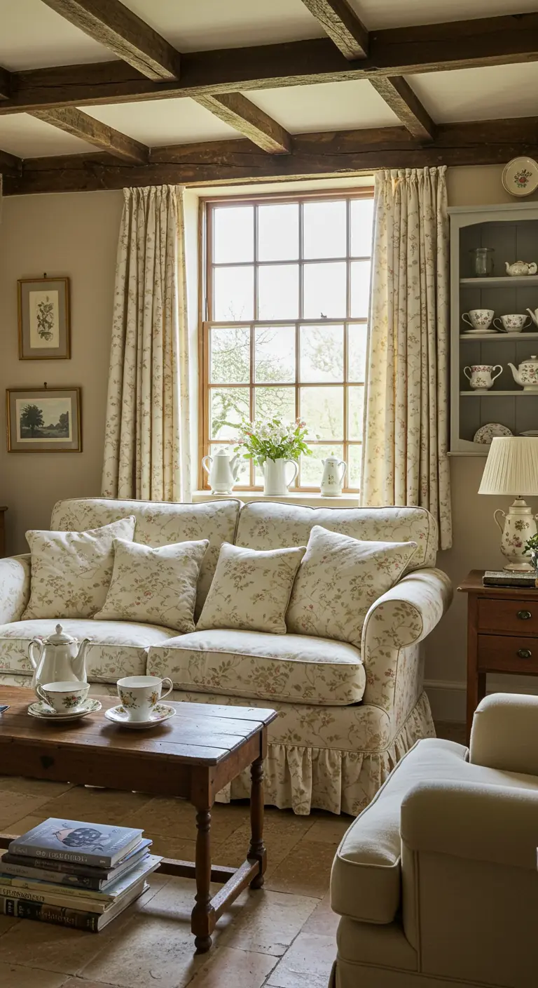 Gordijnen en bank met hetzelfde bloemenpatroon in een Engelse cottage stijl woonkamer.