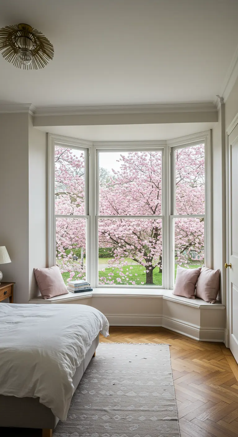 Lichte slaapkamer met erker en uitzicht op roze bloesembomen.
