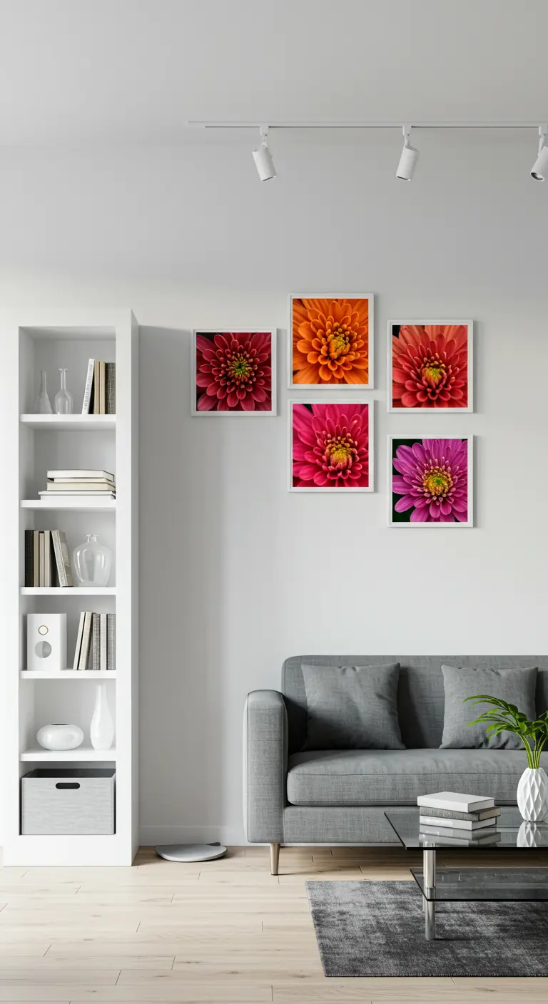 Vijf kleurrijke bloemenprints in witte lijsten boven een grijze bank in een witte kamer.