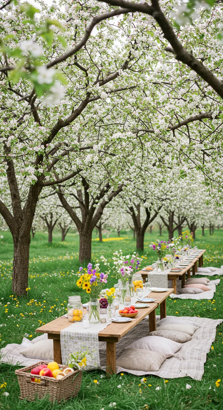 Picknick in bloeiende boomgaard met lage tafels, kussens en bloemen.
