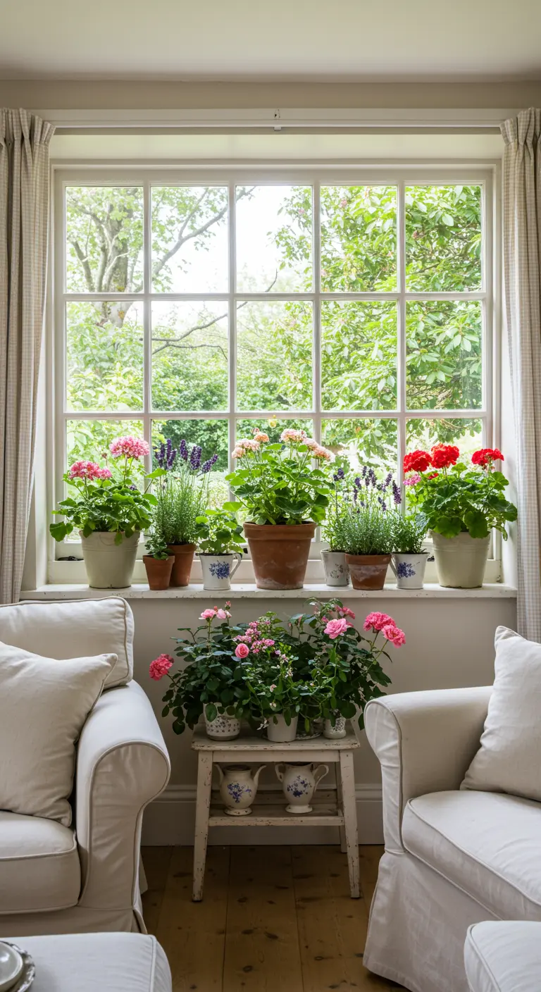 Vensterbank vol met bloeiende planten zoals geraniums in diverse potten.