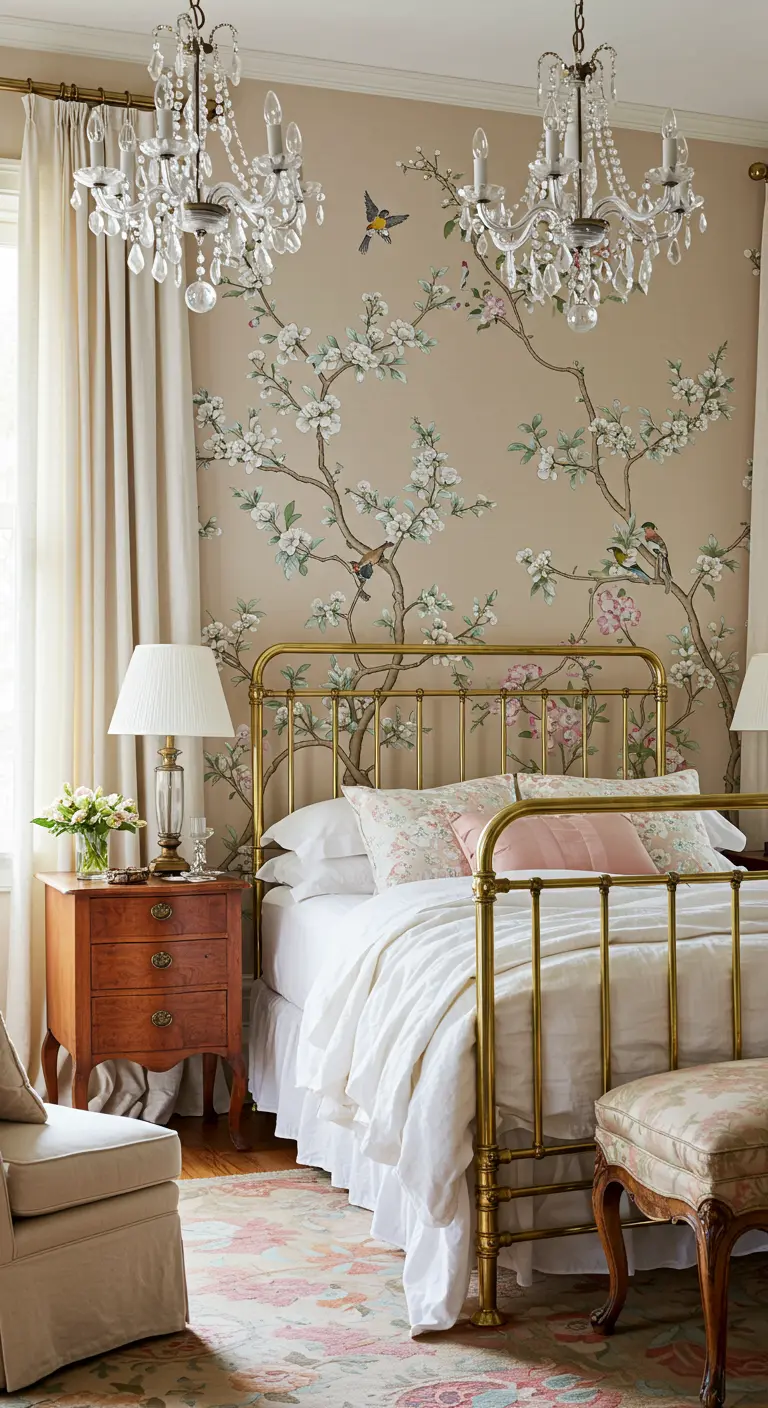 Chinoiserie behang met bloesem en vogels achter messing bedframe.