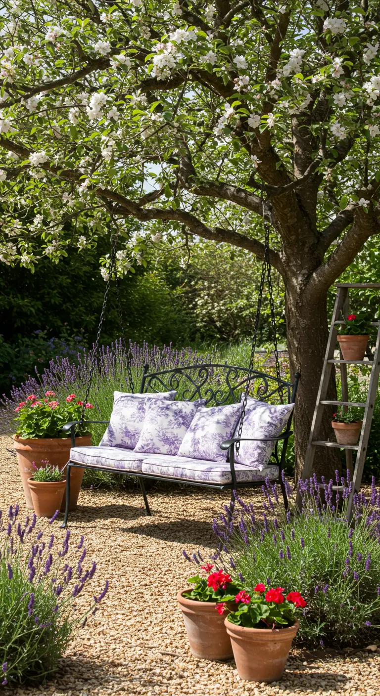 Zwarte metalen schommelbank onder bloesemboom met lavendel en Toile de Jouy kussens.