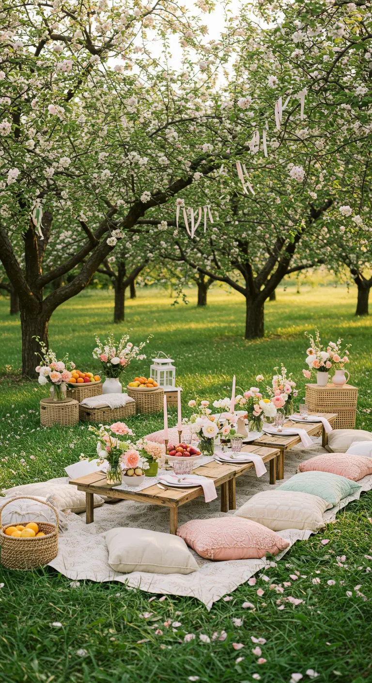 Lente picknick in een bloesemboomgaard met lage tafels en pastelkleurige kussens
