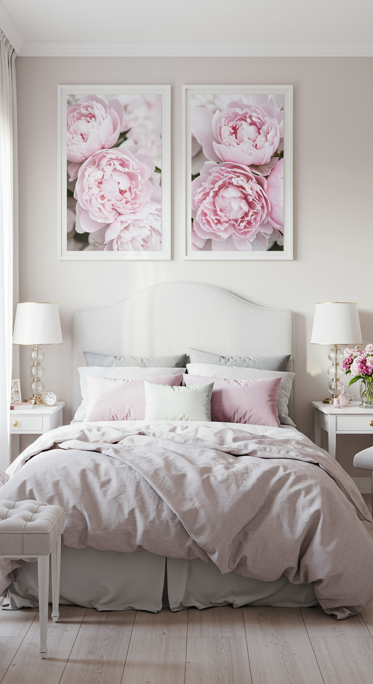 Romantische slaapkamer met twee grote posters van roze pioenrozen boven een licht bed.