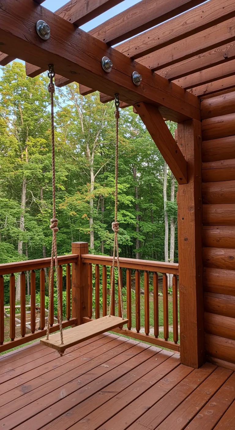 Houten schommel aan dikke touwen onder een robuuste houten pergola op een balkon.
