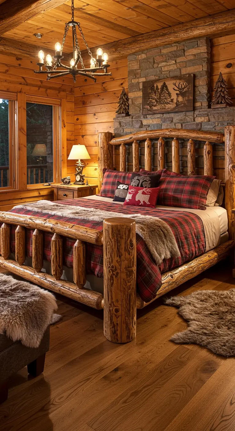 Rustiek bedframe gemaakt van robuuste boomstammen in een blokhut-stijl slaapkamer.