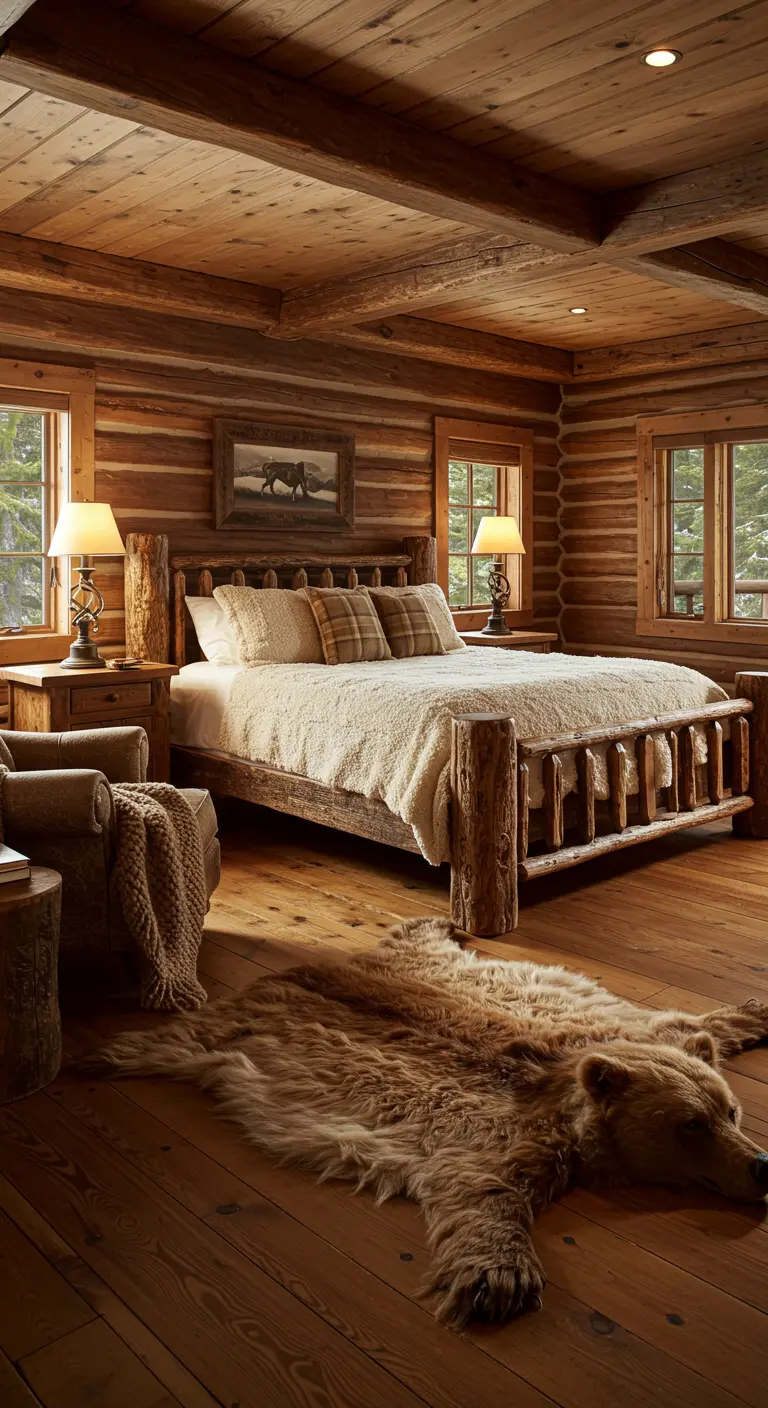 Rustieke houten slaapkamer met crèmekleurig gebreid plaid en faux fur kleed.