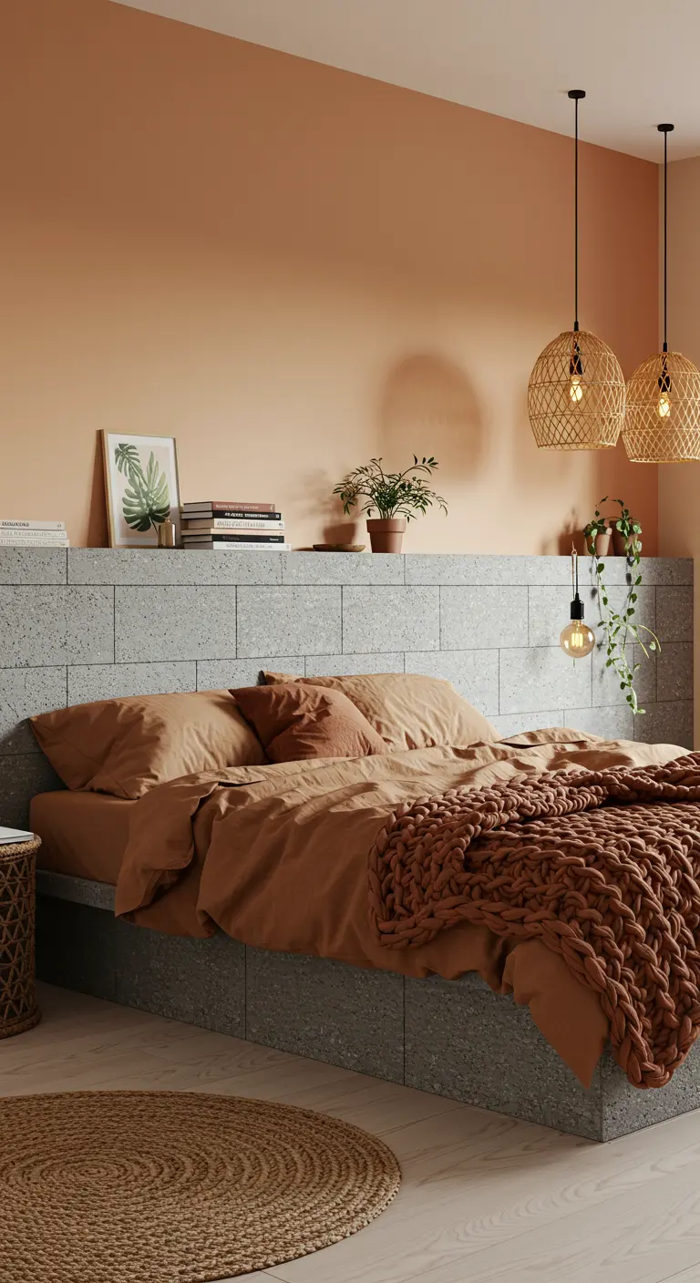 Slaapkamer met hoofdbord van betonblokken en terracotta kleuraccenten.