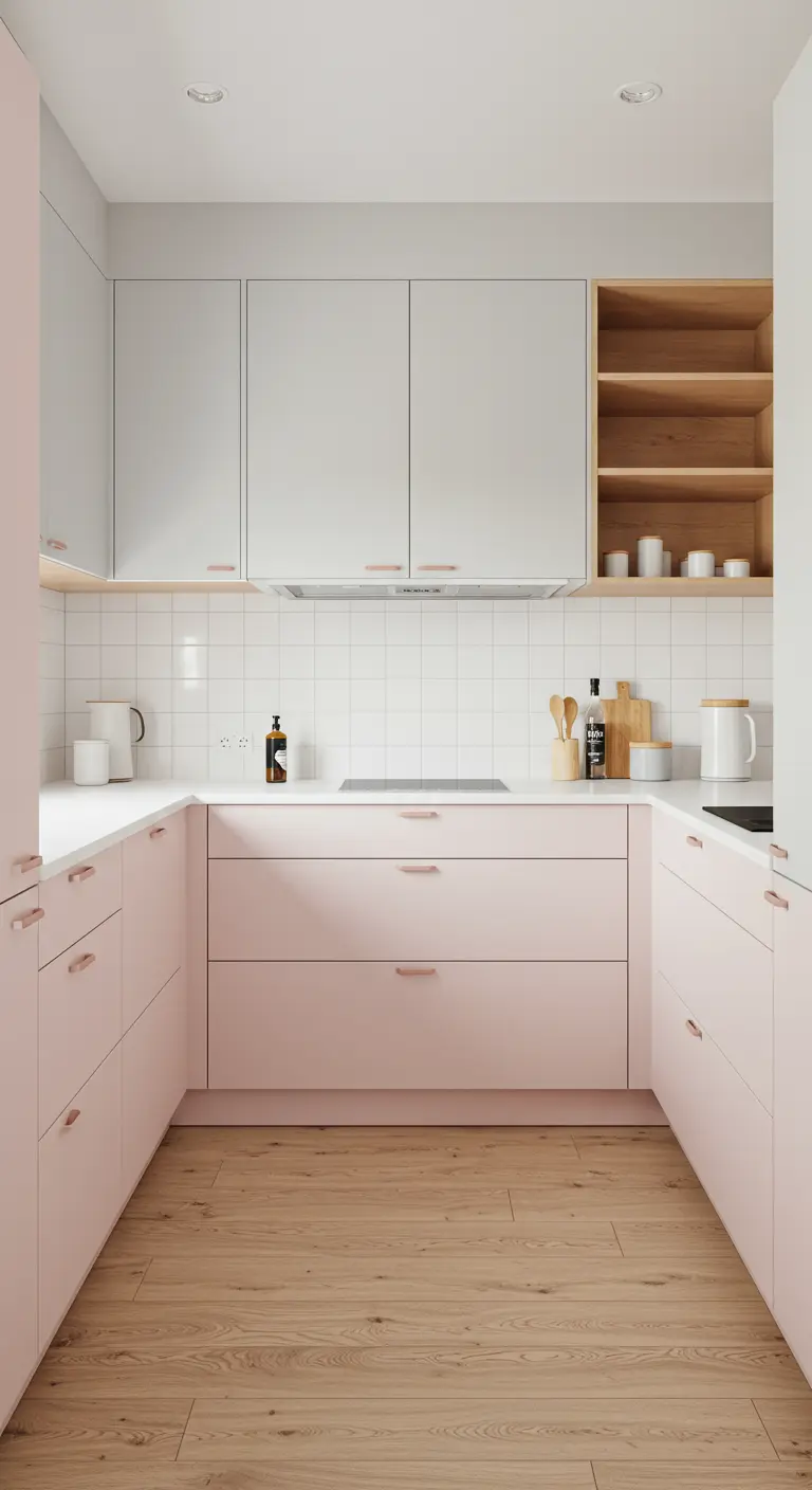 Moderne keuken met blush roze onderkasten, witte bovenkasten en houten vloer.