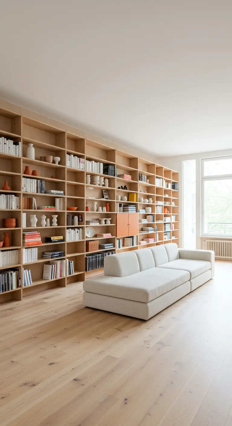 Woonkamer met kamerhoge houten boekenkast, lichte houten vloer en witte bank.