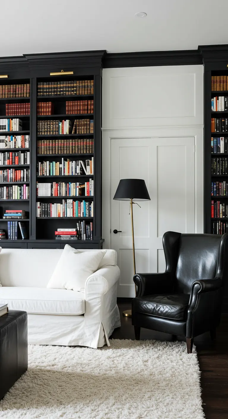 Woonkamer met hoge zwarte boekenkasten, witte bank en zwarte leren fauteuil.