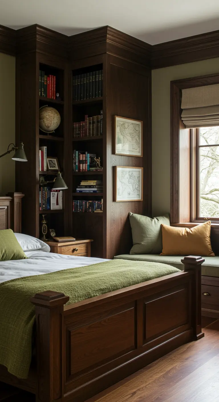Klassieke slaapkamer met donkerhouten ingebouwde boekenkasten rondom het bed.