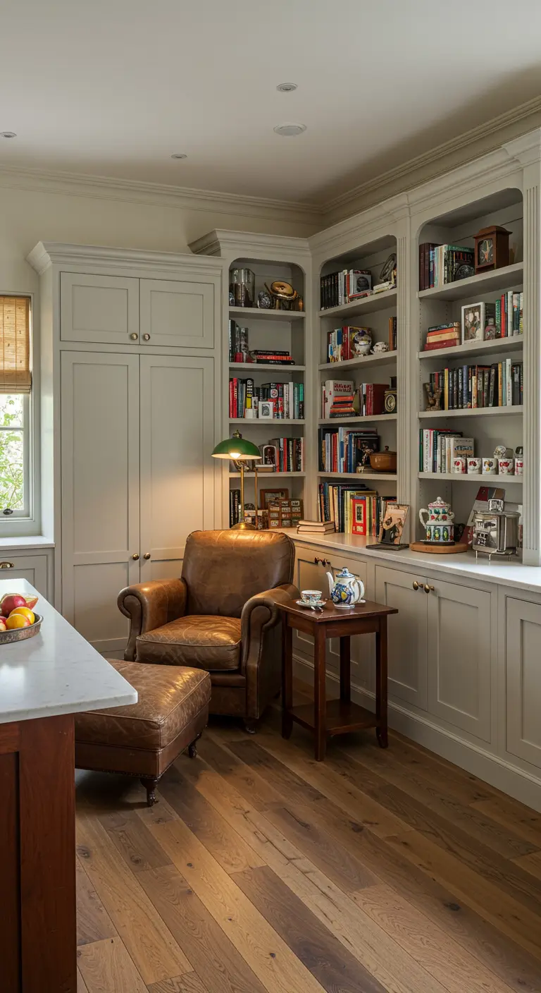 Theehoek in bibliotheekstijl met leren fauteuil, boekenplanken en houten vloer.