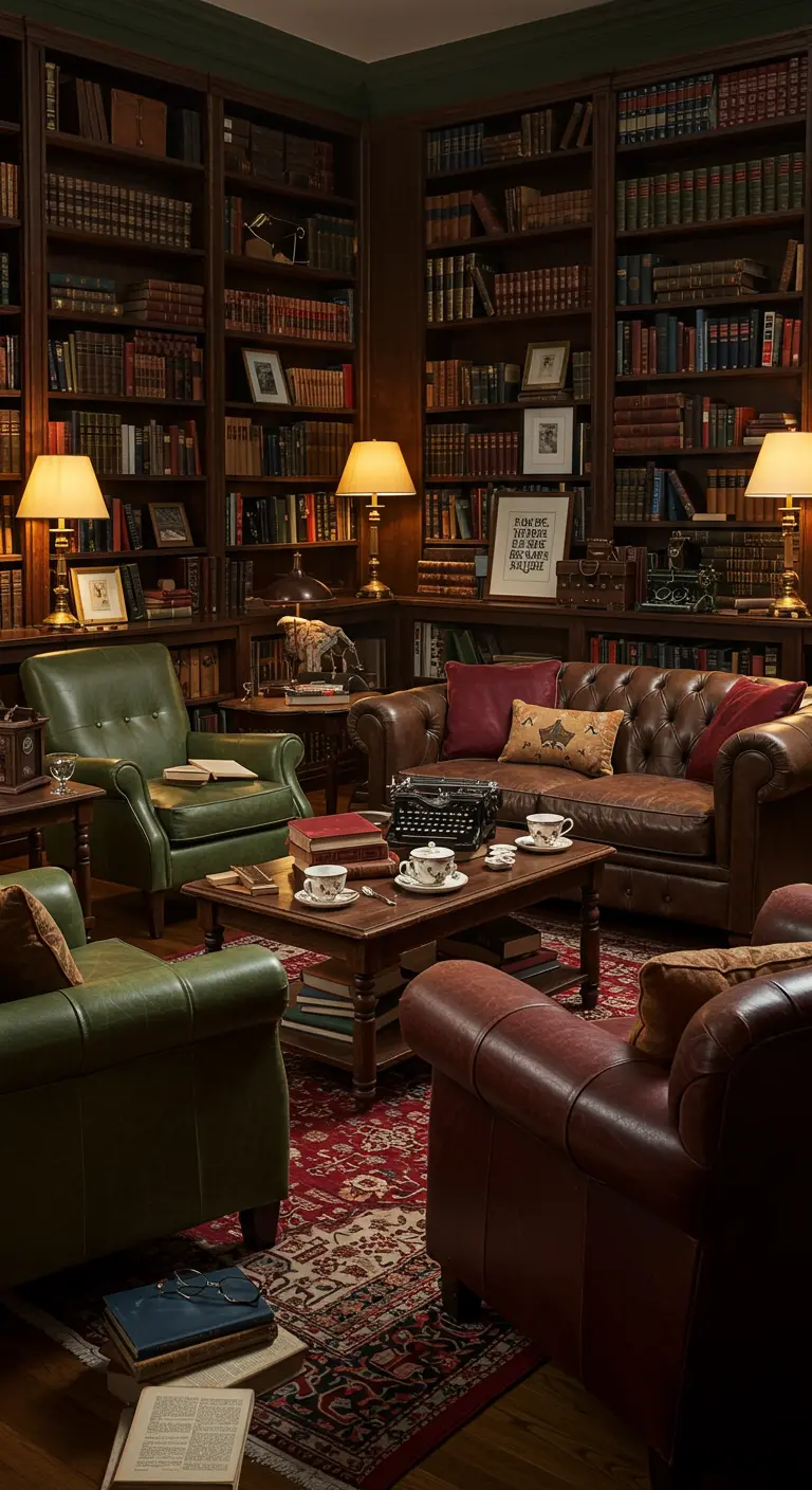 Woonkamer als bibliotheek met boekenkasten, leren fauteuils en schemerlampen.