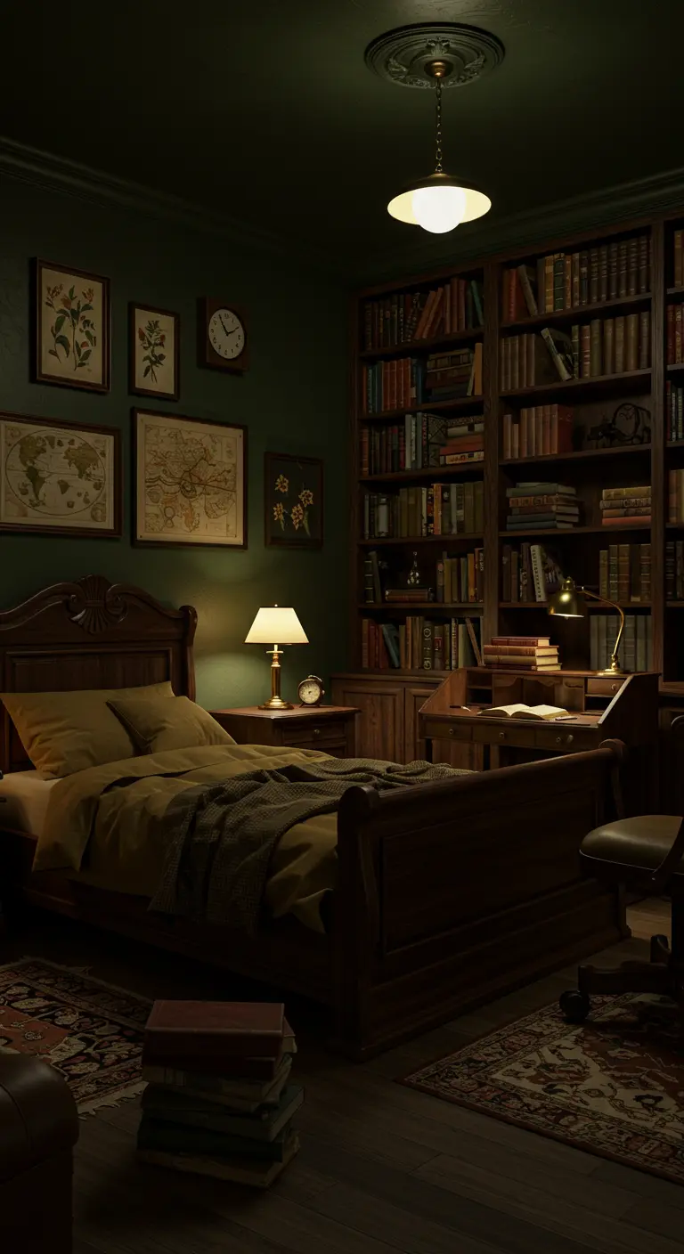Donkere slaapkamer met grote boekenkast, houten bed, klassieke lampen en donkergroene muren.
