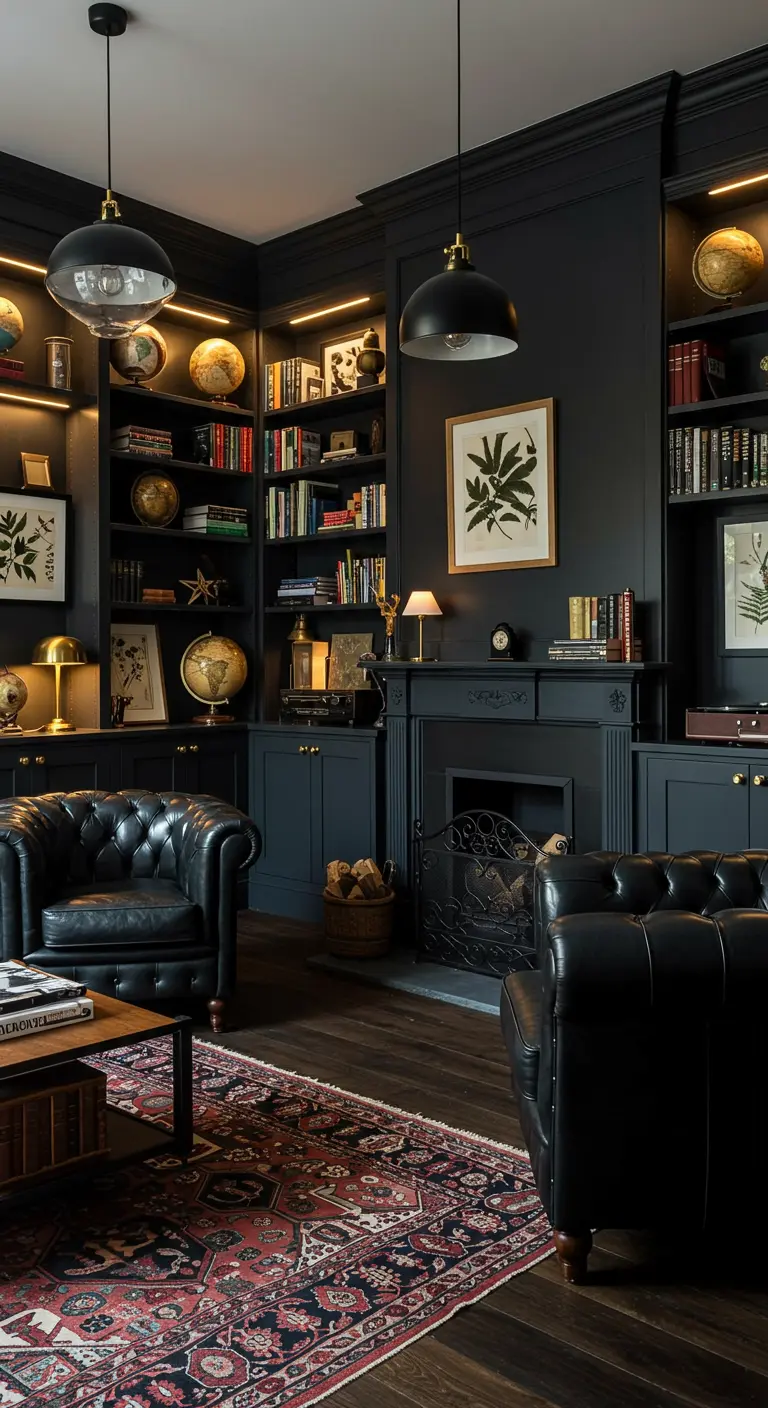 Zwarte woonkamer met ingebouwde, verlichte zwarte boekenkast, leren fauteuils en donker vloerkleed.