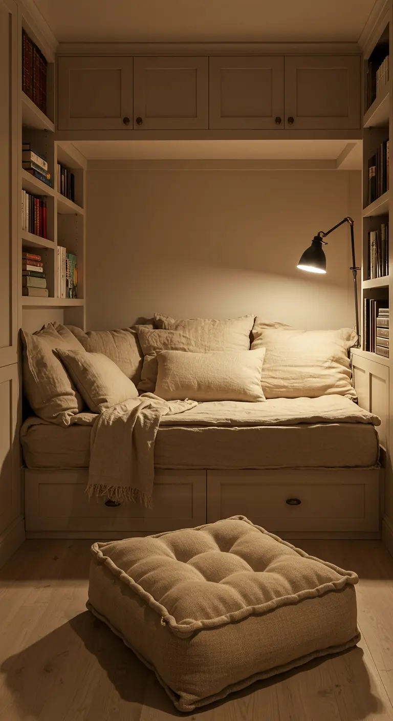 Knusse slaapnis met ingebouwd bed, boekenkasten, beige linnen beddengoed en grote poef.