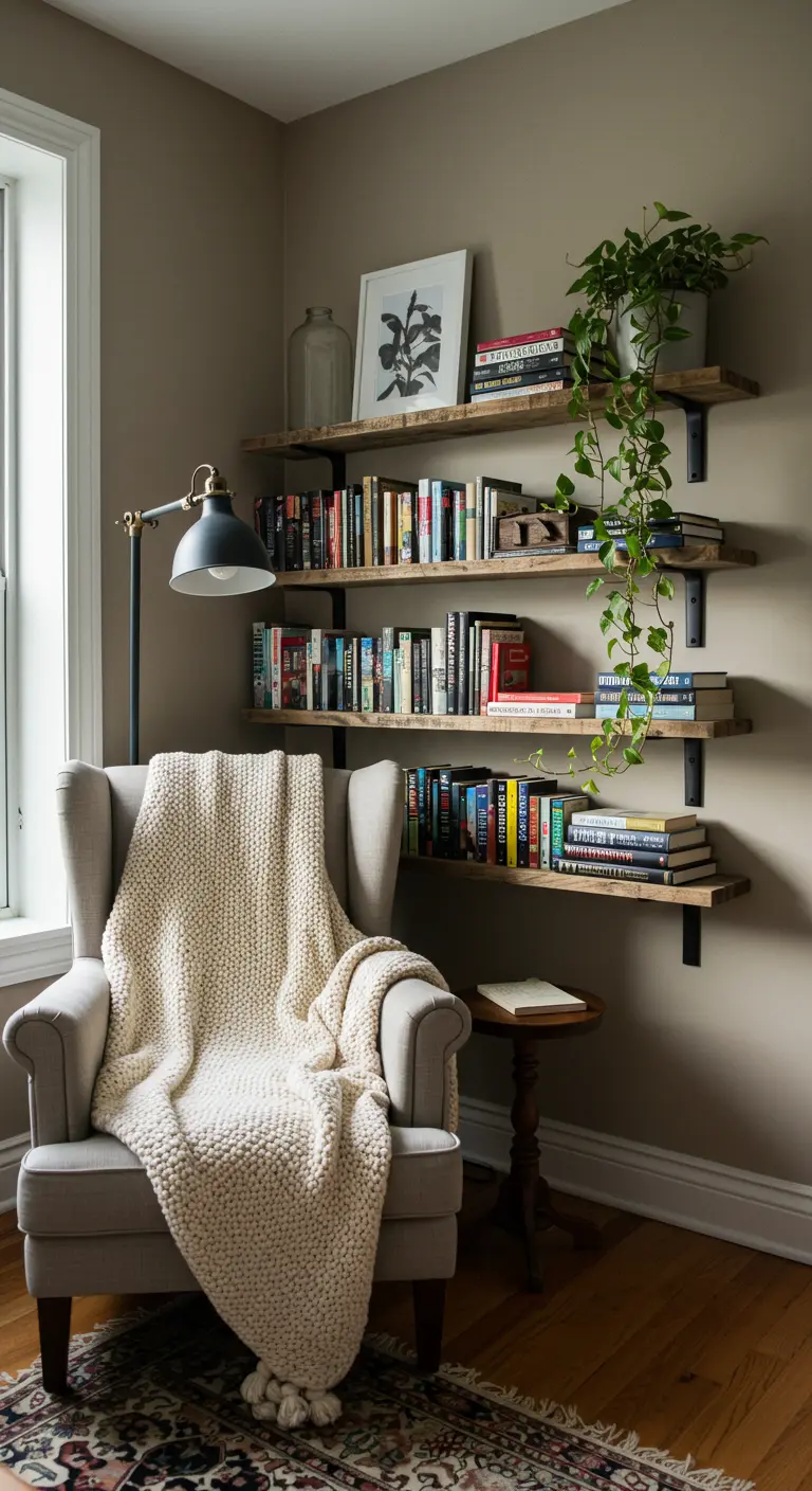 Leeshoek met comfortabele stoel, boekenplanken vol boeken en een hangplant.