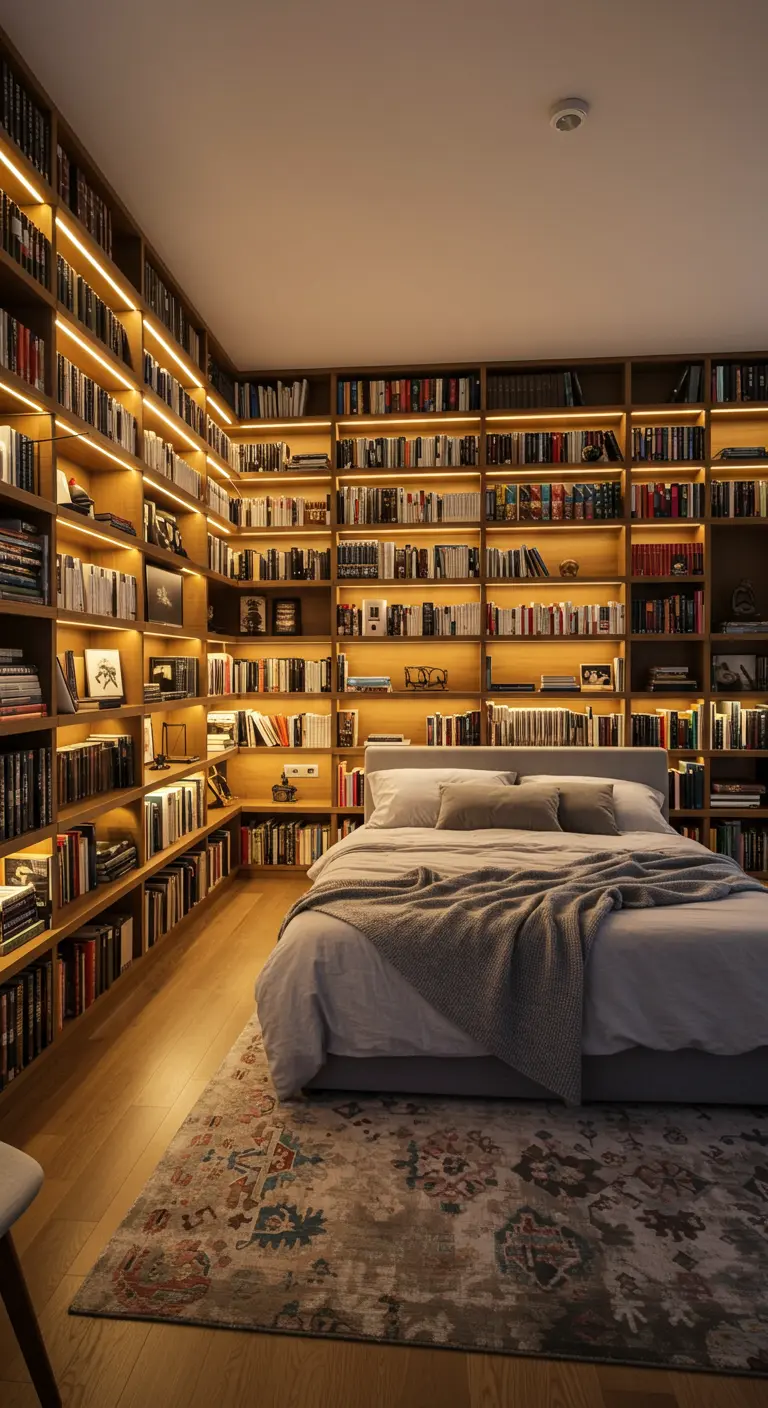 Slaapkamer omringd door boekenkasten met geïntegreerde verlichting.