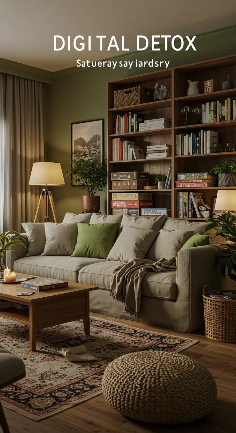 Donkergroene woonkamer met grote boekenkast, beige bank en warme sfeerverlichting.