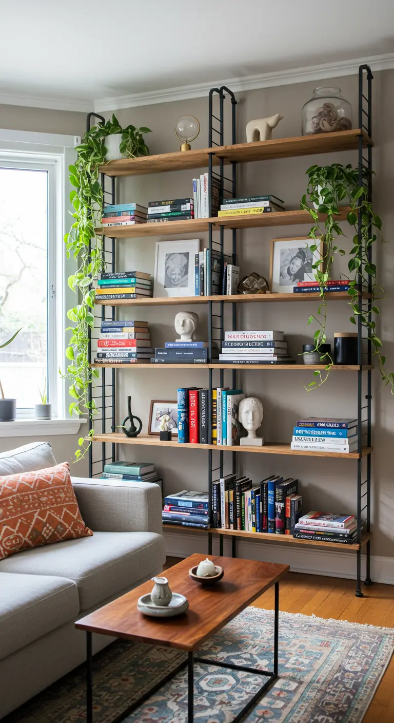 Hoge open boekenkast gevuld met boeken, planten en decoratieve objecten naast een bank.