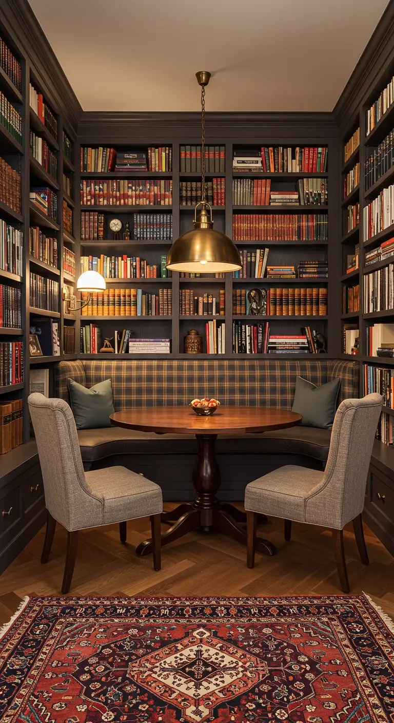 Eethoek in bibliotheekstijl met ingebouwde bank tussen boekenkasten en ronde tafel.