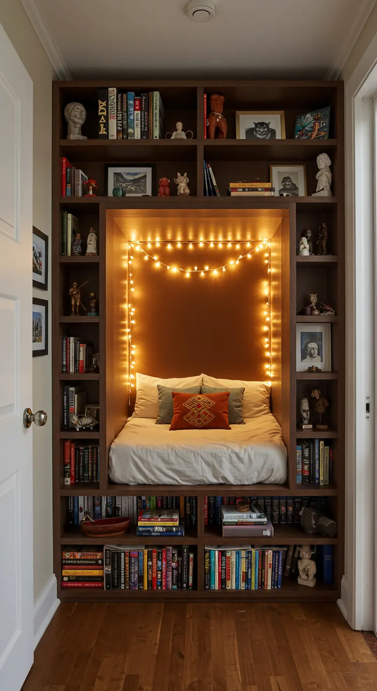 Knus bed in een nis omringd door een donkere boekenkast, met sfeervolle lichtjes.
