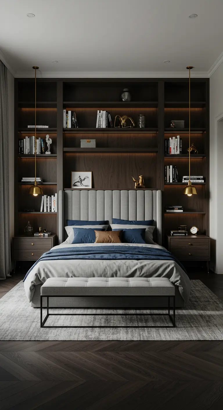 Moderne slaapkamer met bed voor een grote ingebouwde boekenkast, symmetrisch ingericht.