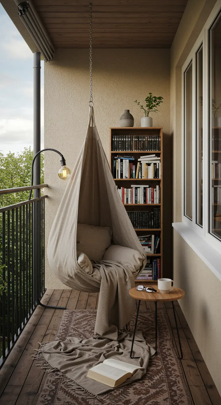 Stoffen hangstoel op balkon met een boekenkastje, leeslamp en een boek.