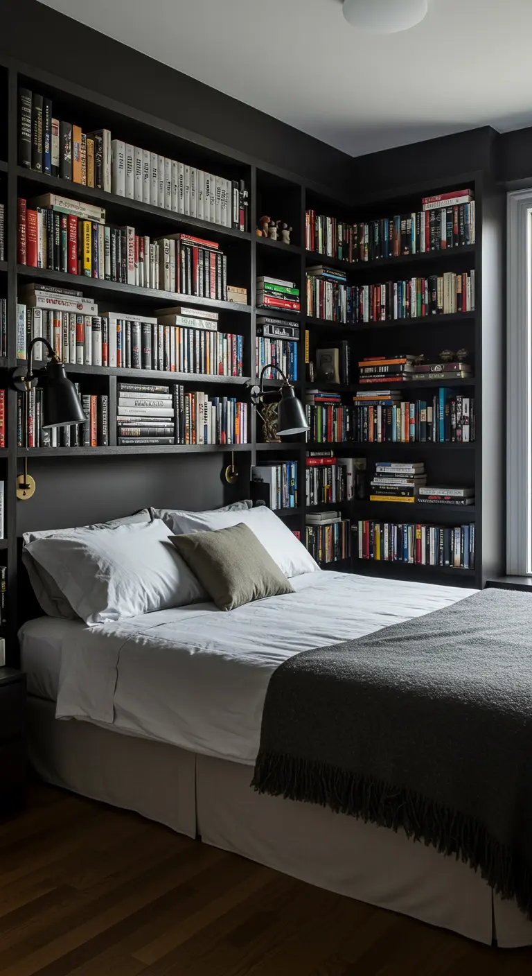 Slaapkamer met grote boekenkast die muur achter bed vult als hoofdbord.