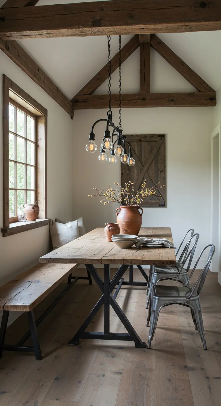 Lange houten eettafel met bank en metalen stoelen in een landelijke ruimte met houten balken.