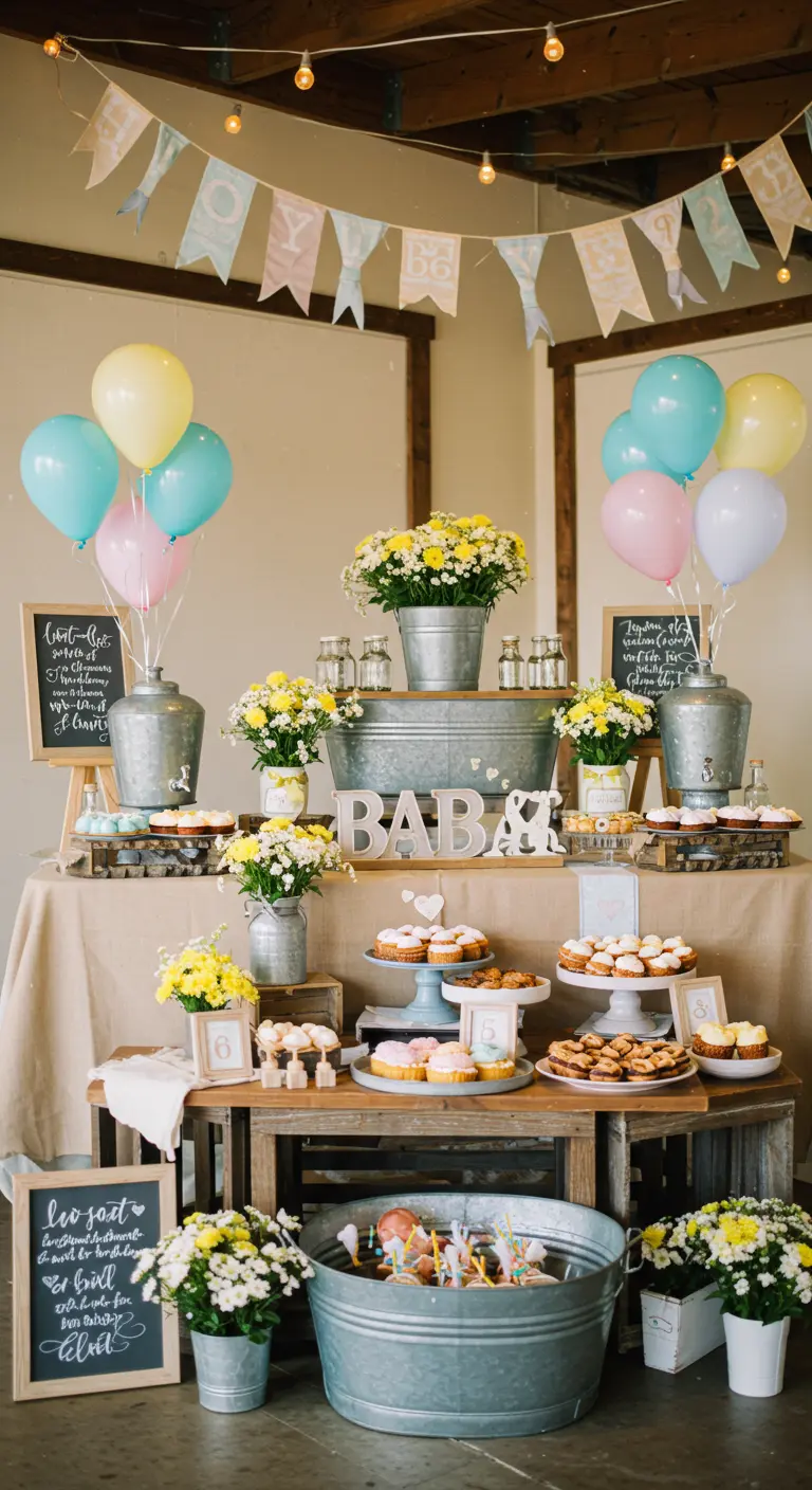 Rustieke babyshower met boerderijthema, zinken emmers en gele bloemen.