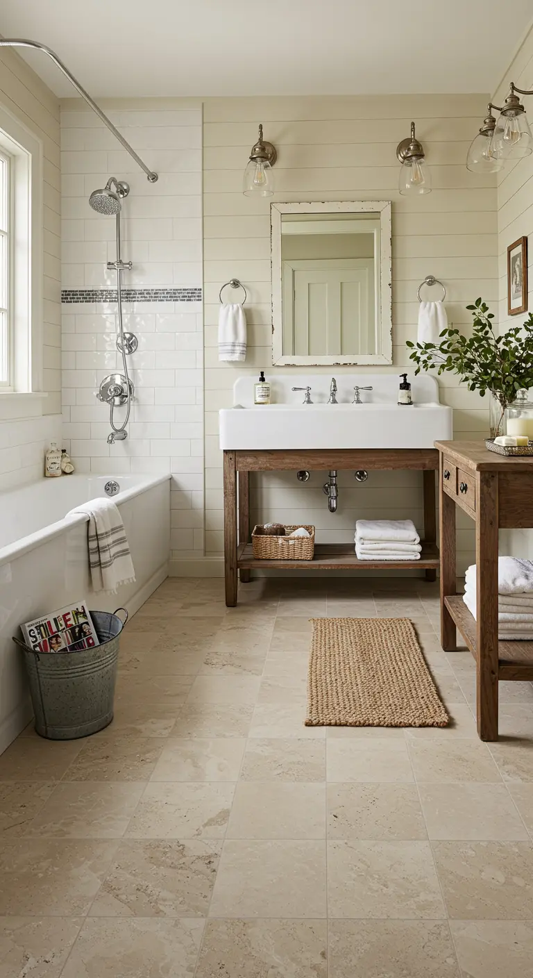 Farmhouse badkamer met lichte travertin vloertegels en houten wastafelmeubel.