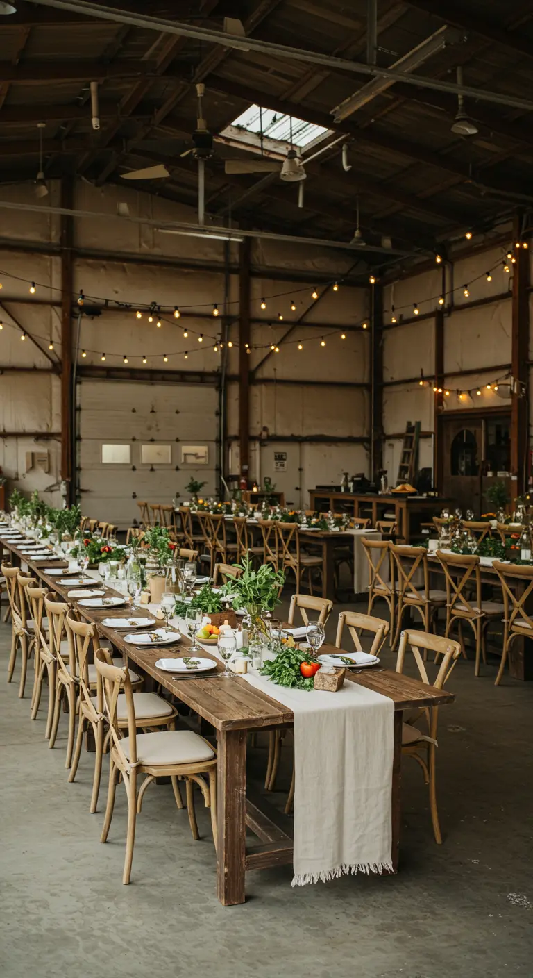 Rustiek boerderij diner in garage met houten tafels, linnen lopers en lichtslingers.