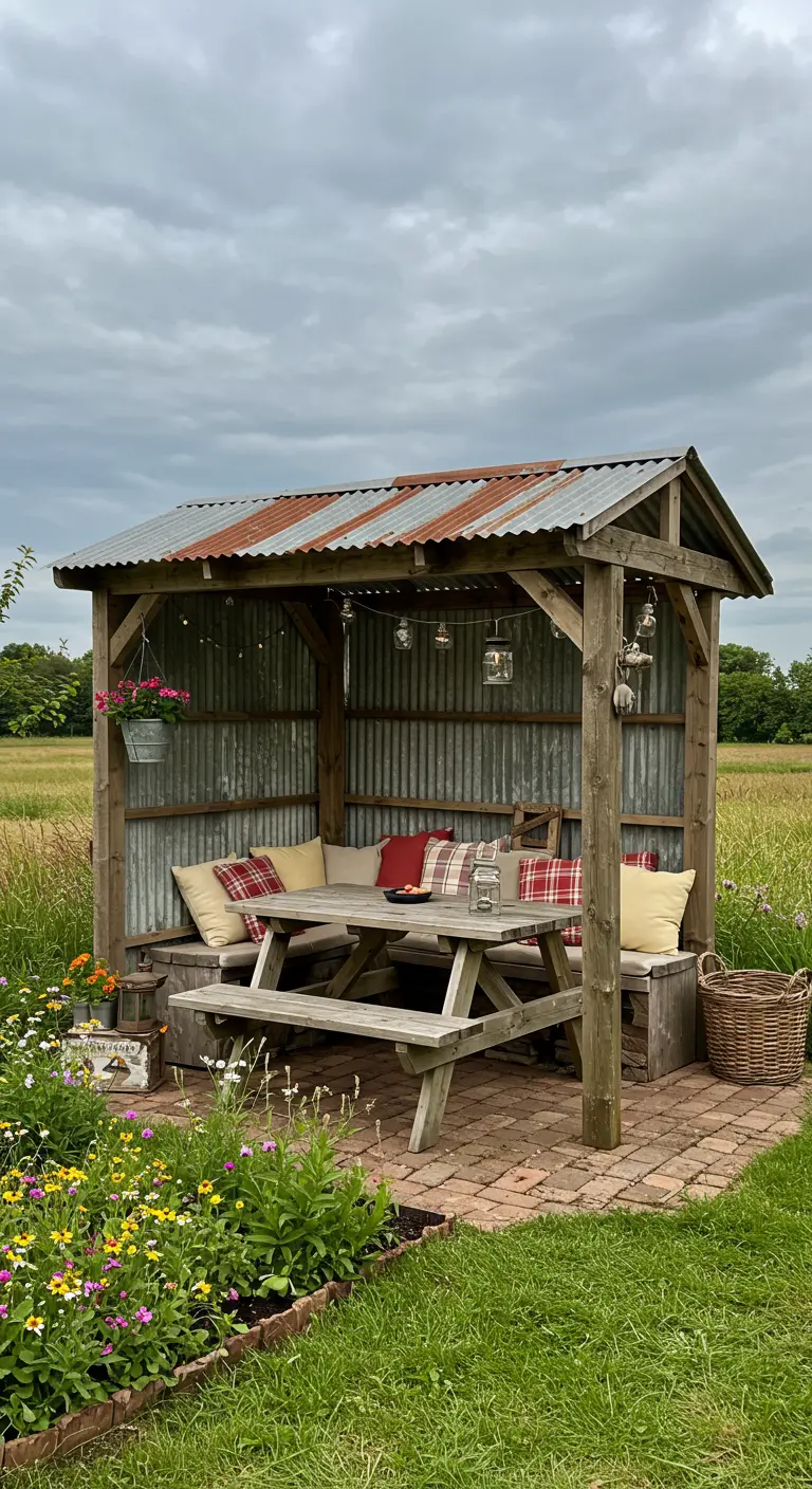 Rustieke houten pergola met golfplaten dak, picknicktafel, banken met kussens en bloemenperken eromheen.