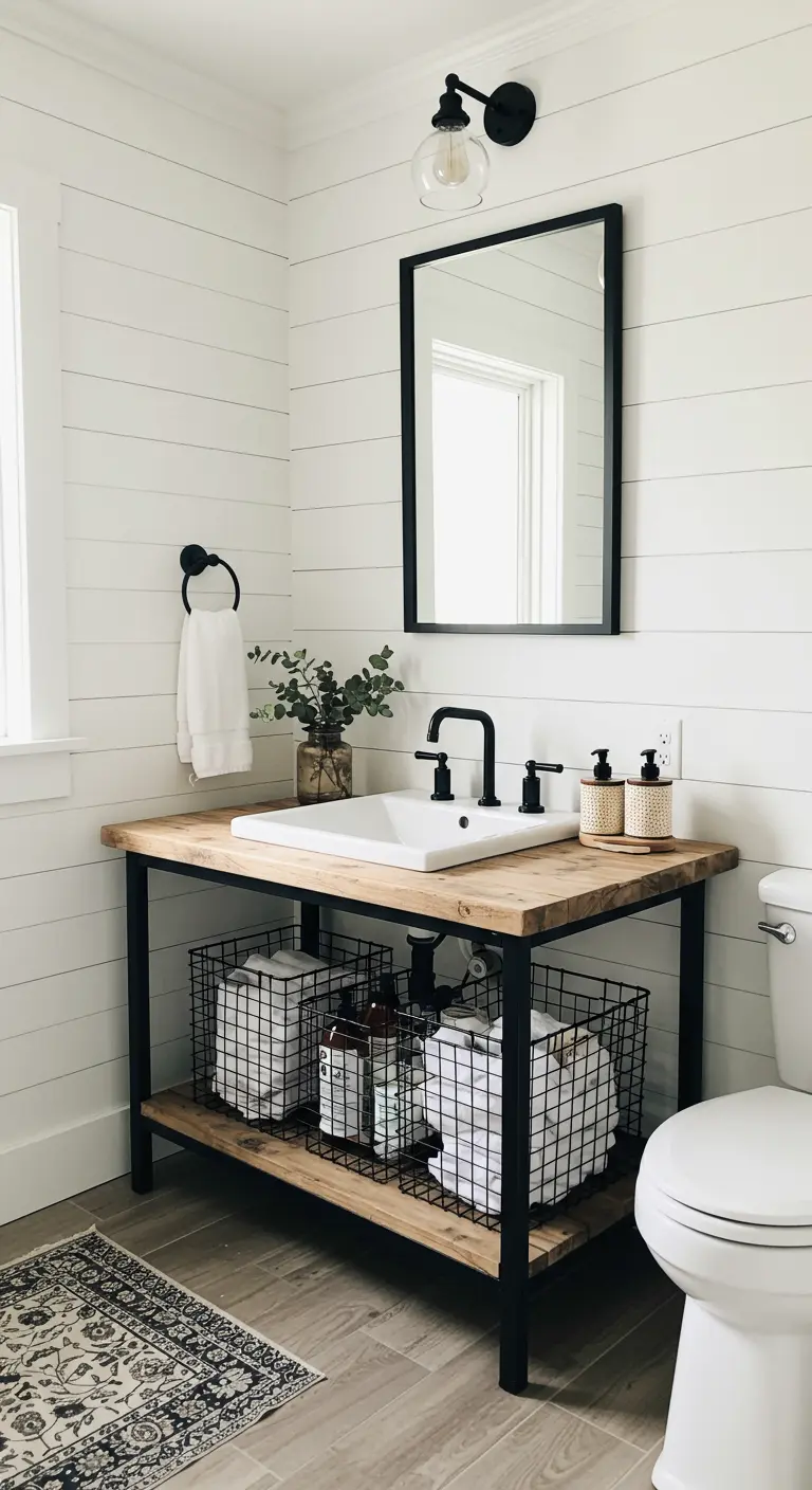 Farmhouse-stijl open houten wastafelmeubel met metalen frame en draadmanden eronder.