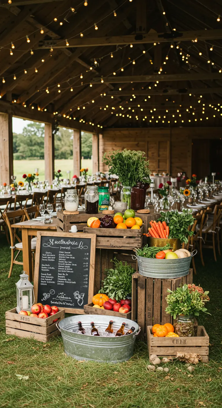 Bar van houten kistjes met vers fruit, groenten, kruiden en lichtslingers.