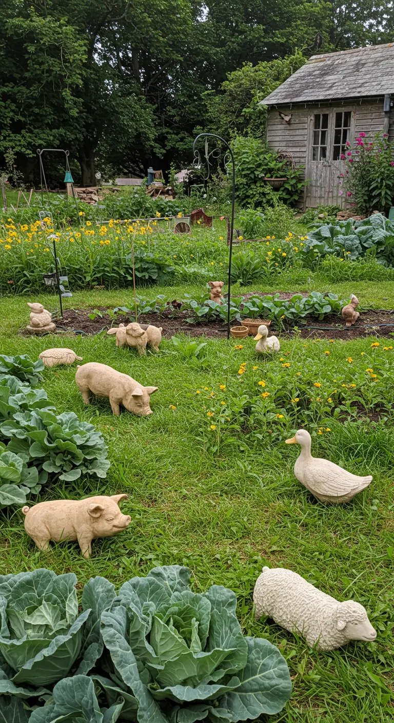 Moestuin met diverse stenen boerderijdieren zoals varkens, eenden en een schaap tussen de planten.