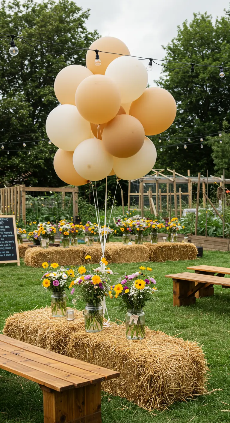 Landelijke setting met hooibalen, pastel ballonnen en veldbloemen in glazen potten.